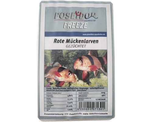 Larves de moustiques rouges Poseidon Aquakultur, surgelées, 100 grammes, nourriture naturelle pour poissons à conserver à moins 18 degrés.
