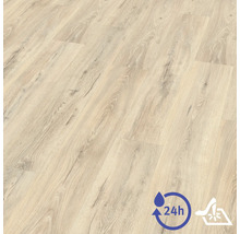 Revêtement de sol stratifié aspect bois clair avec protection contre l'eau pendant 24 heures et haute résistance aux rayures.