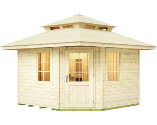 Maison de jardin en bois clair avec toit en pagode à étages, porte vitrée et deux fenêtres à petits bois.