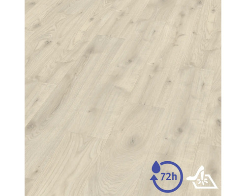 Revêtement de sol stratifié aspect chêne clair, protection contre l'eau pendant 72 heures et résistant à la lumière.