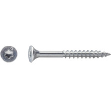 Vis à bois métallique argentée à tête fraisée avec empreinte Torx, vue de dessus de la tête et vue latérale.