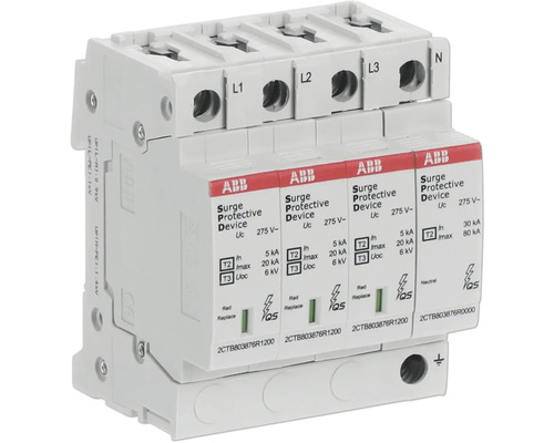 ABB Überspannungsschutzgerät Typ 2 und 3, 4-polig (L1, L2, L3, N), 275 Volt für die Hutschienenmontage.