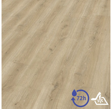 Sol stratifié avec veinage bois clair, résistant à l'eau pendant 72 heures et haute résistance à l'usure.