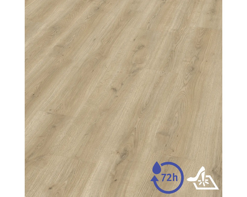 Sol stratifié avec veinage bois clair, résistant à l'eau pendant 72 heures et haute résistance à l'usure.