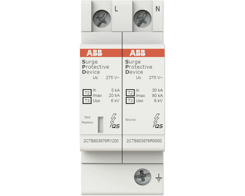 ABB Logo, Überspannungsschutzgerät Typ 2 und 3, 275 Volt, mit Statusanzeige und Anschlussklemmen für Phase, Neutralleiter und Erde.