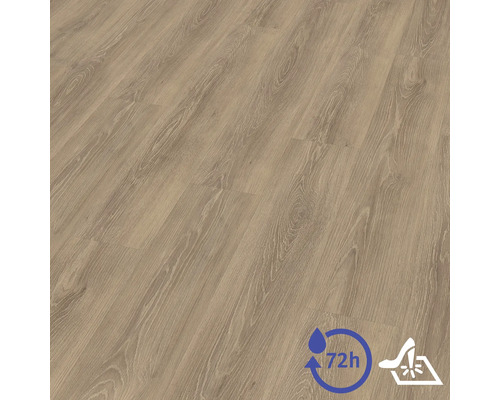 Sol stratifié avec texture bois, résistant à l'eau pendant soixante-douze heures et résistant aux rayures.