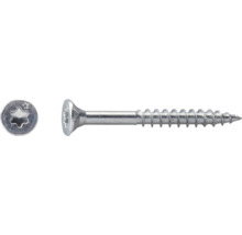 Vis à bois avec tête fraisée, empreinte Torx et filetage partiel en acier, vue de dessus et de profil.
