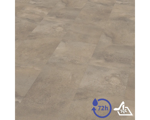 Sol stratifié aspect pierre, protection contre l'eau pendant 72 heures et résistant aux chocs.