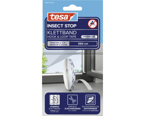 tesa Logo, Insect Stop Premium Klettband für Fenster und Türen, 560 Zentimeter, starker Halt, einfach zuschneidbar, rückstandslos entfernbar.