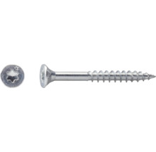 Vis à bois en métal avec tête fraisée et empreinte Torx, vue de dessus de la tête de vis et vue latérale de la vis.