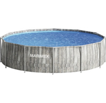 Marimex runder Rahmenpool in grauer Holzoptik mit blauem Wasser.