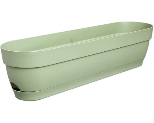 Jardinière de balcon rectangulaire en plastique vert clair avec soucoupe assortie et ouverture d'arrosage.