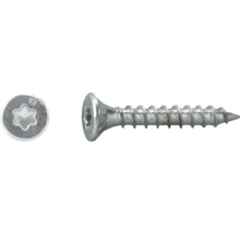 Senkkopfschraube mit Torx-Antrieb aus verzinktem Stahl, Draufsicht auf den Kopf und Seitenansicht.