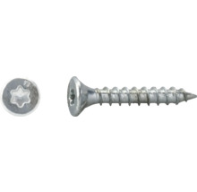 Vis à tête fraisée en acier galvanisé avec empreinte Torx, vue latérale et vue de dessus de la tête de vis.