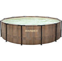 Marimex Rundpool mit schwarzem Metallrahmen und Außenwand in Holzoptik.