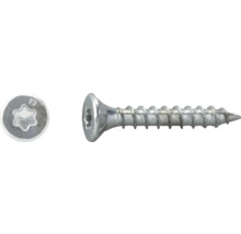 Spanplattenschraube mit Senkkopf und Torx-Antrieb, Seitenansicht und Draufsicht.