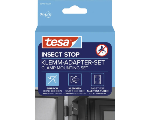 Set d'adaptateurs de serrage tesa Insect Stop pour portes moustiquaires, 3 pièces, montage facile sans perçage.