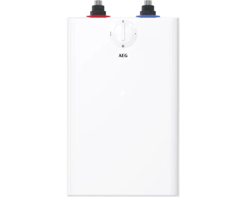 Petit chauffe-eau AEG, modèle sous évier avec régulateur de température et raccordements d'eau sur le dessus.