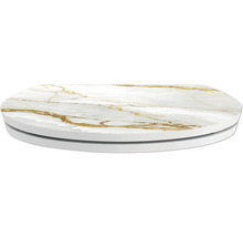 Couvercle abattant WC aspect marbre blanc avec veines dorées.