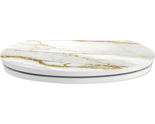Couvercle abattant WC aspect marbre blanc avec veines dorées.