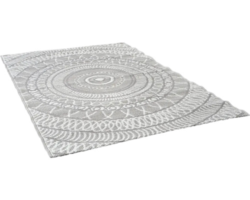Tapis d'extérieur rectangulaire avec motif mandala circulaire gris et blanc et texture tissée.