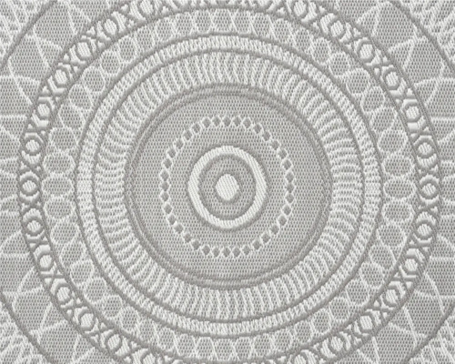 Tapis rond avec motif mandala circulaire et structure de surface tissée.