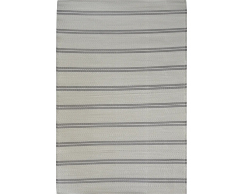 Grauer flachgewebter Teppich mit horizontalem Streifenmuster.