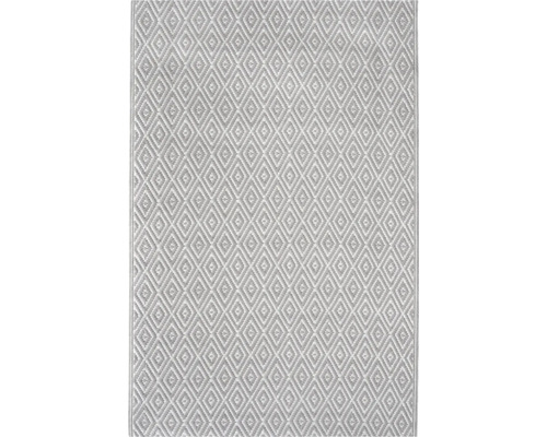 Flachgewebe-Teppich in Hellgrau und Weiß mit geometrischem Rautenmuster.