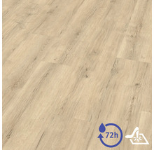 Sol stratifié aspect chêne avec veinage bois, résistant à l'eau jusqu'à 72 heures et résistant à la lumière.