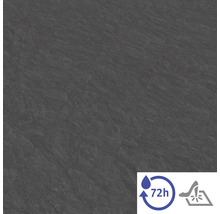 Revêtement de sol aspect pierre anthracite avec symboles de résistance à l'eau pendant 72 heures et aux talons aiguilles.