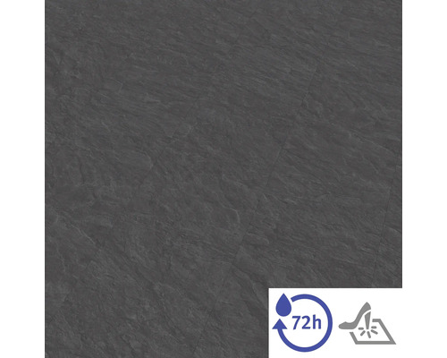 Revêtement de sol aspect pierre anthracite avec symboles de résistance à l'eau pendant 72 heures et aux talons aiguilles.