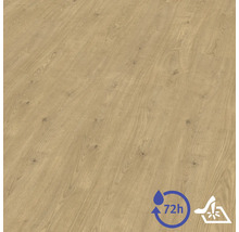 Sol stratifié aspect bois avec veinures et nœuds. Symboles pour une protection de 72 heures contre l'eau et une résistance aux chocs.