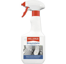 Flacon pulvérisateur blanc Mellerud contre les dépôts de manganèse avec tête rouge pour salle de bains et WC.