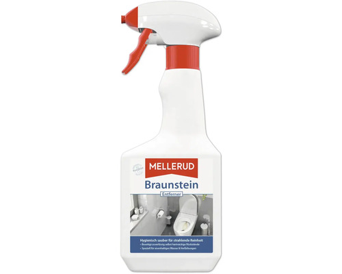 Flacon pulvérisateur blanc Mellerud contre les dépôts de manganèse avec tête rouge pour salle de bains et WC.