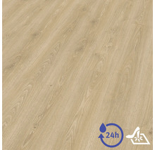 Revêtement de sol stratifié aspect chêne avec surface structurée, résistant à l eau pendant 24 heures et résistant aux chocs.