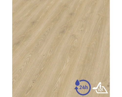 Revêtement de sol stratifié aspect chêne avec surface structurée, résistant à l eau pendant 24 heures et résistant aux chocs.