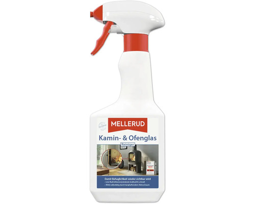 Nettoyant vitres de cheminées et fours Mellerud en flacon pulvérisateur en matériau recyclé pour éliminer la suie.