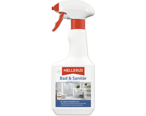 Nettoyant puissant pour salle de bain et sanitaires Mellerud en flacon pulvérisateur contre le calcaire et la saleté.