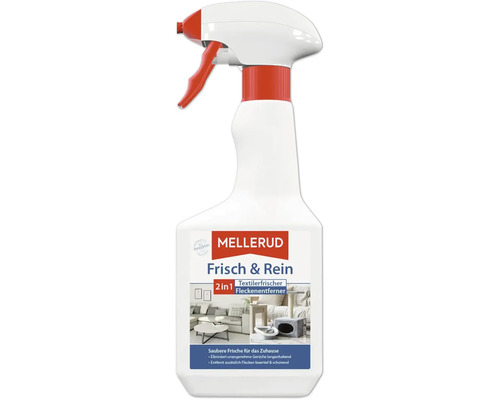 Mellerud Frisch und Rein 2 in 1 Textilerfrischer und Fleckenentferner an der Sprühfläsch fir d Botze vu Polster an Textilien.