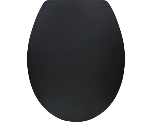 Abattant de WC noir, forme ovale, couvercle fermé.