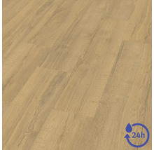 Sol stratifié avec texture bois et résistance à l'eau de 24 heures.