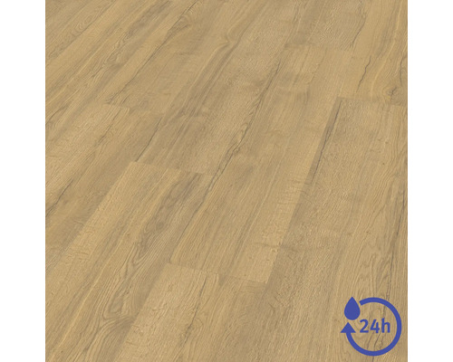 Sol stratifié avec texture bois et résistance à l'eau de 24 heures.