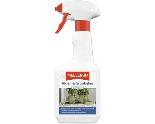Nettoyant anti-algues et dépôts verts Mellerud en flacon pulvérisateur en matériau recyclé pour le nettoyage des dépôts sur les surfaces extérieures.