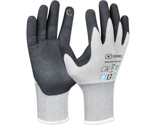 Gebol Master Flex Touch Arbeitshandschuhe mit Nitril-Beschichtung und Touchscreen-Funktion für die Bedienung von Displays. Gebol Logo.