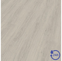 Revêtement de sol stratifié aspect bois clair avec protection contre l'eau de 24 heures.
