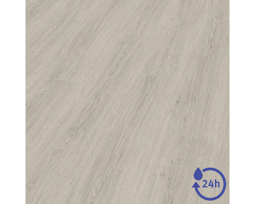 Revêtement de sol stratifié aspect bois clair avec protection contre l'eau de 24 heures.