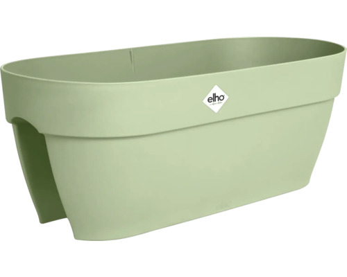 Balkonkasten aus Kunststoff für das Geländer mit Elho Logo.