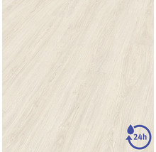 Revêtement de sol stratifié avec veinage de bois et symbole de résistance à l'eau pendant 24 heures.