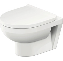 Wand-WC aus weißer Keramik mit Toilettendeckel.