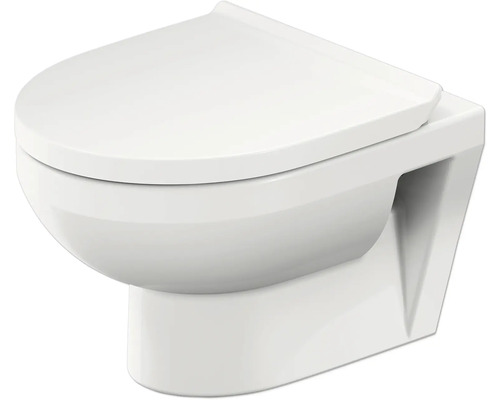Wand-WC aus weißer Keramik mit Toilettendeckel.